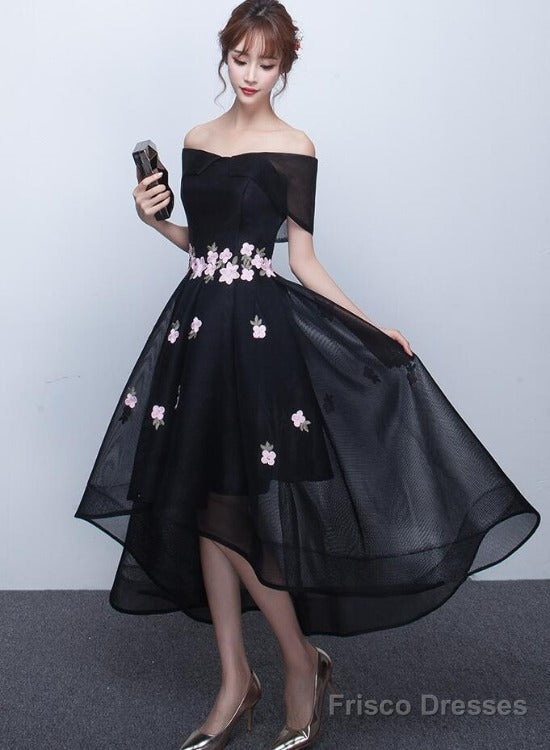Black Off Shoulder High Low Party Dresses With Flower Lace, Black Shor Frisco Dresses Black Off Shoulder High Low Party Dresses With Flower Lace, Black Shor Frisco Dresses