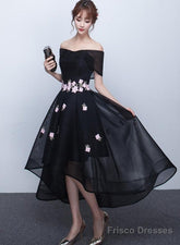 Black Off Shoulder High Low Party Dresses With Flower Lace, Black Short Homecoming Dresses
