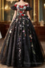 Black Off Shoulder Sweet 16 Dress With Flowers, Black Ball Gown Formal Dress