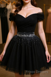 Black Off Shoulder Tulle Sequin Short Formal Prom Dresses, Black Homecoming Dresses