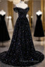 Black Off the Shoulder Beaded Long Formal Dress, Black Shiny Sequins Evening Dress