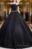 Black Pleated Long A-Line Party Gown With Rhinestone Sash, Elegant Off The Shoulder Formal Dress