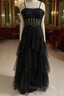 Black Formal Prom Dress, Elegant A-line Layered Tulle Formal Prom Dress,Sheer Corset Long Evening Dress