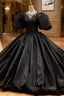 Black Satin Ball Gown Puff Sleeve Formal Prom Dress