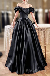 Black Satin Floor Length A-Line Formal Prom Dress, Off The Shoulder Formal Party Dress