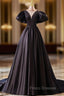 Black Satin Puff Sleeve Beading Formal Prom Dress