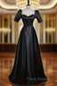 Black Satin Short Sleeve Beading Formal Prom Dress