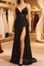 Black Satin With Lace V-Neckline With Leg Slit Formal Prom Dress, Black Formal Prom Dress