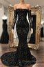 Black Sequin Long Sleeve Mermaid Formal Prom Dress