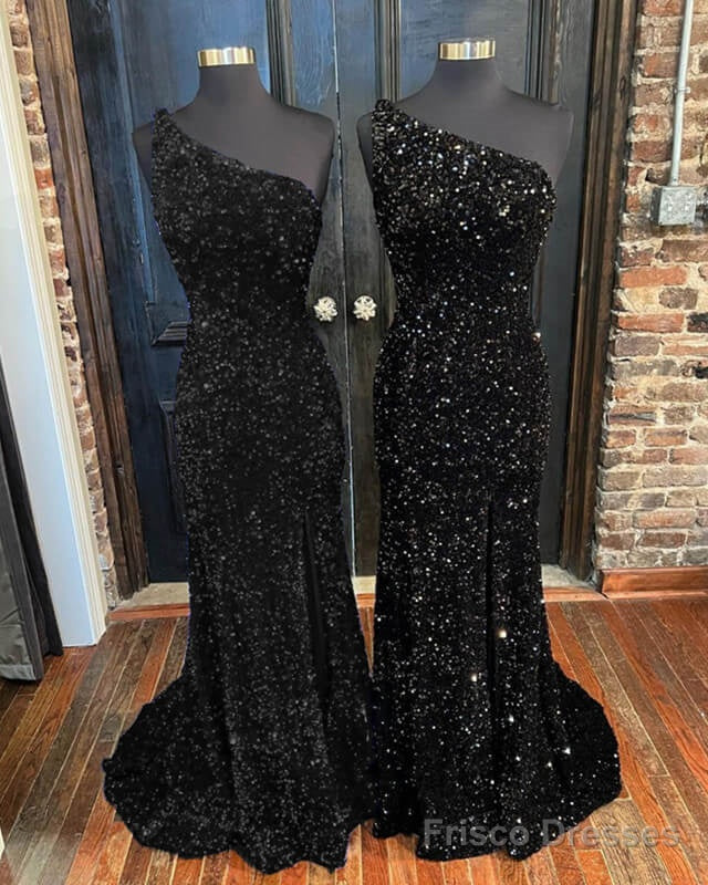 Black Sequin One Shoulder Slit Dress – Frisco Dresses