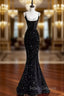 Black Sequins Mermaid Straps Beaded Formal Prom Dress, Black Sequins Party Dress