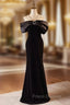 Black Sheath Velvet Pearls Formal Prom Dress