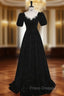 Black Short Sleeve Crystal Formal Prom Dress