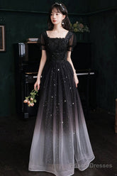Black Short Sleeves Gradient Tulle With Lace Party Dress, Black A-Line Prom Dress