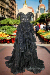 Black Sparkly Corset Formal Prom Dress Off The Shoulder Tiered A-Line Sweetheart Neck Tulle Lace Evening Dress