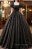Black Square Neckline Tulle Long Formal Prom Dress, Shiny Tulle Black Evening Dress