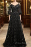 Black Straps Tulle Long Party Dress With Sleeves Evening Dress, Black A-Line Formal Prom Dress Party Dress