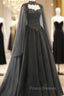 Black Sweetheart Tulle with Lace Long Sweet 16 Dress, Black Formal Dress with Cape