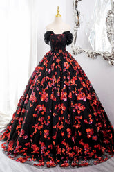 Black Tulle And Red Sequins Long Formal Dress, Off The Shoulder Evening Dress