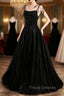 Black Tulle Beaded Long Formal Prom Dress, A-Line Spaghetti Straps Evening Dress