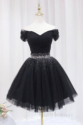 Black Tulle Beaded Short Formal Prom Dress, Off Shoulder Evening Party Dress