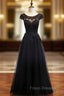 Black Tulle Cap Sleeve Appliques Beading Formal Prom Dress
