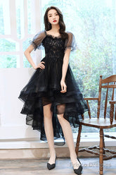 Black Tulle Lace High-Low Party Dress, Cute Short Sleeve Homecoming Dress