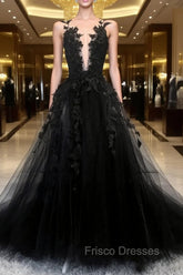 Black Tulle Lace Long A-Line Formal Prom Dress, Black V-Neck Evening Dress