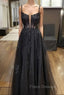 Black Tulle Lace Long Formal Prom Dress, A-Line Spaghetti Straps Evening Dress