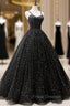 Black Tulle Long Formal Prom Dress, Black Spaghetti Straps Formal Evening Gown