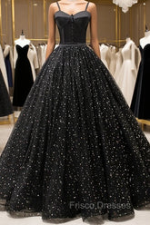 Black Tulle Long Formal Prom Dress, Black Spaghetti Straps Formal Evening Gown