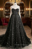 Black Tulle Long Formal Prom Dress with Stars, Cute Spaghetti Straps Graduation Dress