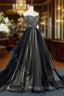 Black Tulle Off Shoulder Floor Length Gown, Black Evening Dress
