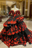 Black Tulle Off the Shoulder Red 3D Appliques Formal Prom Dress