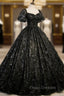 Black Tulle Sequins Long Formal Prom Dress, A-Line Short Sleeve Formal Evening Gown
