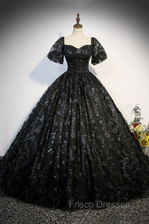 Black Tulle Sequins Long Formal Prom Dress, A-Line Short Sleeve Formal Evening Gown