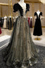 Black Tulle Sequins Long Formal Prom Dress, Black A-Line Formal Evening Dress