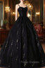 Black Tulle Sequins Long Formal Prom Dress, Black Spaghetti Straps Evening Dress