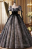 Black Tulle Short Sleeve Square Neck Quinceanera Dress
