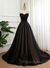 Black Tulle Sweetheart A-line Formal Dress with Lace, Black Long Formal Prom Dress