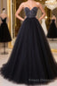 Black tulle sweetheart neck long Formal Prom Dresses, black evening Dresses