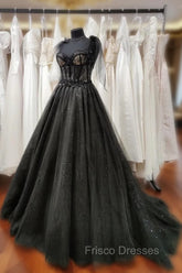 Black Tulle with Lace Straps Long Formal Dress, Black Long Evening Dress Formal Prom Dress