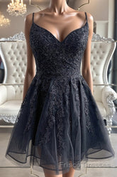 Black V Neck Backless Lace Short Formal Prom Dresses, Backless Black Lace Homecoming Dresses, Black Lace Formal Evening Dresses