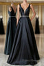 Black V Neck Beading Satin Formal Prom Dress