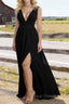 Black V Neck Chiffon Floor Length Prom Dresses Long Prom Dress With Pleated Split