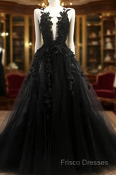 Black V Neck Lace Long Formal Prom Dress A Line Formal Dress
