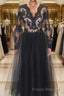 Black v neck lace tulle long evening Dresses black lace Formal Prom Dresses