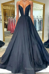 Black v neck satin long Formal Prom Dresses, black evening Dresses