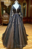 Black V Neck Tulle Lace Beads Long Formal Prom Dress Black Formal Dress