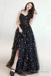 Black V-Neck Tulle Long Prom Dress, Cute A-Line Evening Dress With Stars